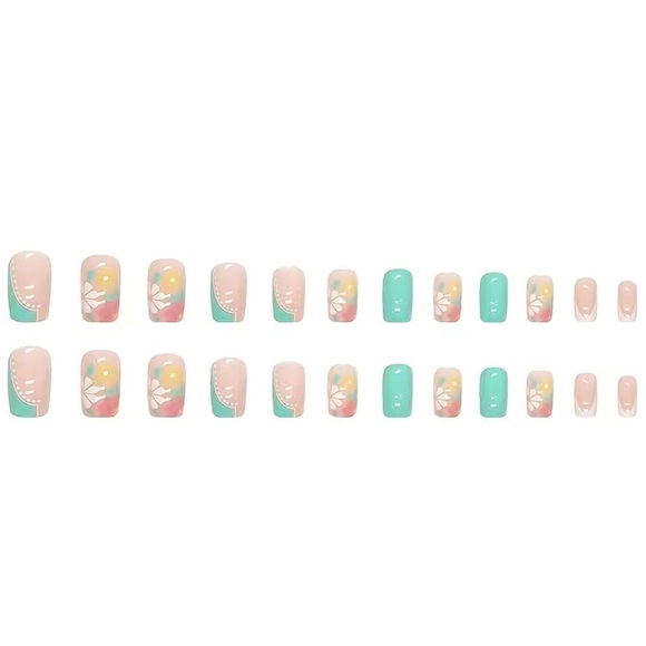 Acrylic Square Tip Flower Fantasy Medium Length Manicure Nails Professional - Picture 6 of 6